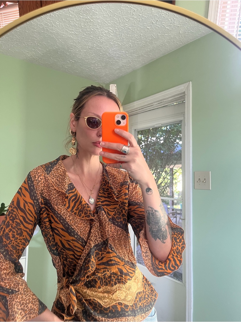 Vintage Animal Print Wrap Top | Leopard Tiger Mixed Print Blouse